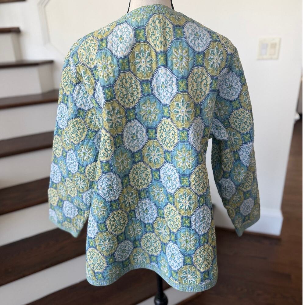 Vintage Green & Blue Reversible Indian Block Print Quilted Mosaic Floral Jacket - Picture 4 of 8